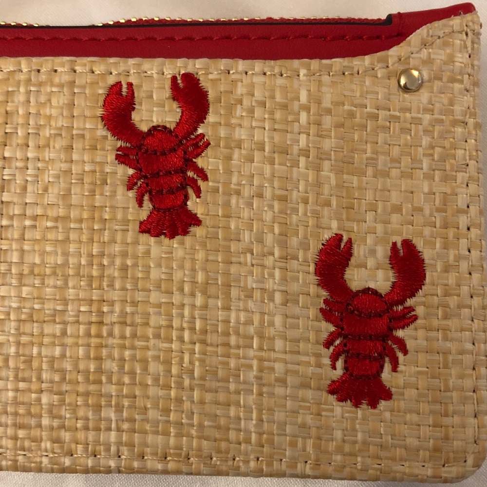 BCBG Generation Natural Color Straw Card Wallet Red Embroidered Lobsters NWT - Picture 15 of 16